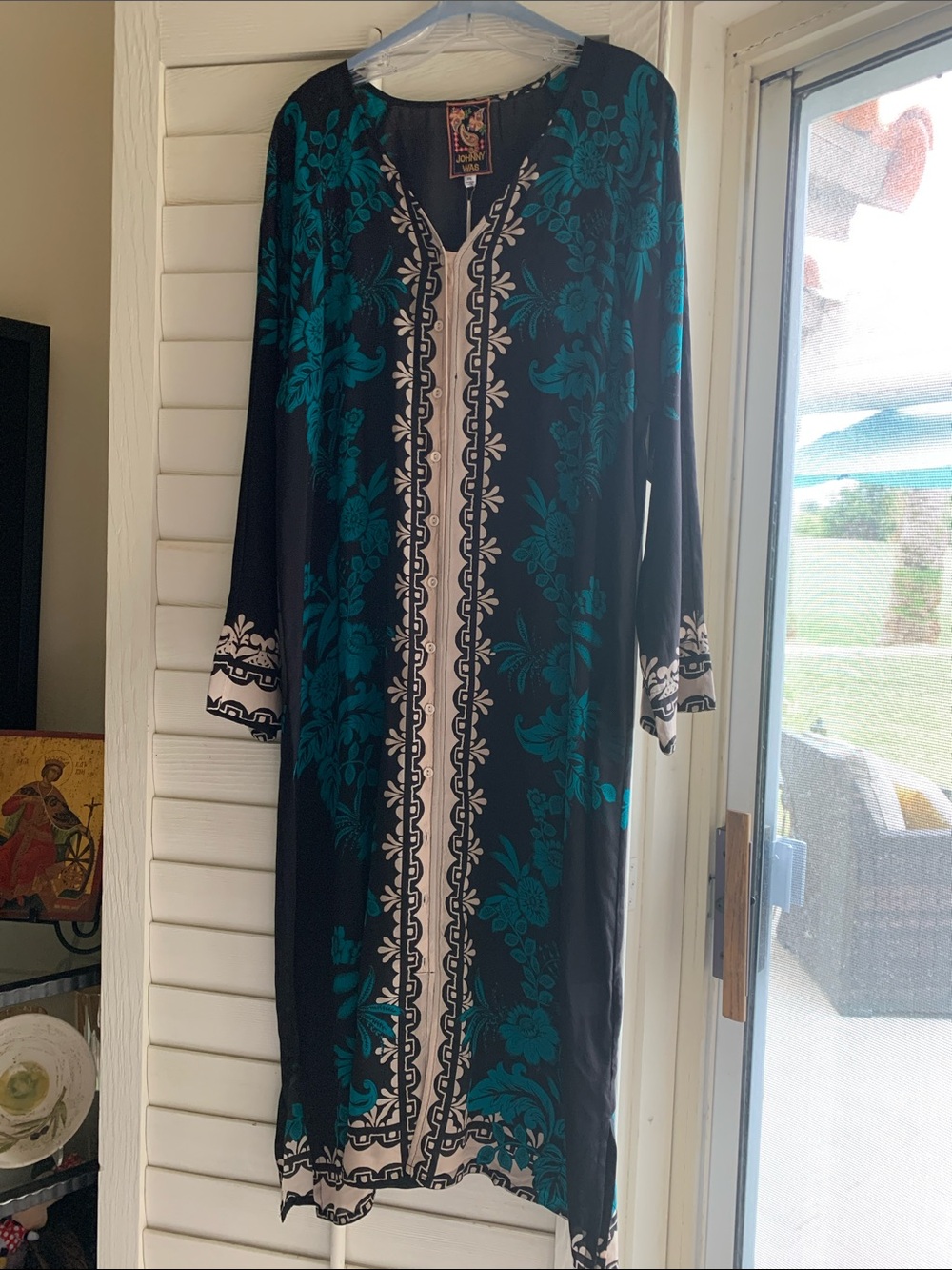 Johnny Was Teal, Black & Cream Embroidered Long Sleeve dress